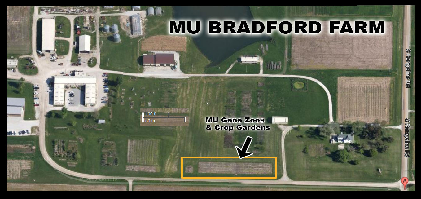 map of Bradford Farm, indicating the Gene Zoos and Crop Gardens are on the right just past the house at the corner of Rangeline and the drive to Bradford